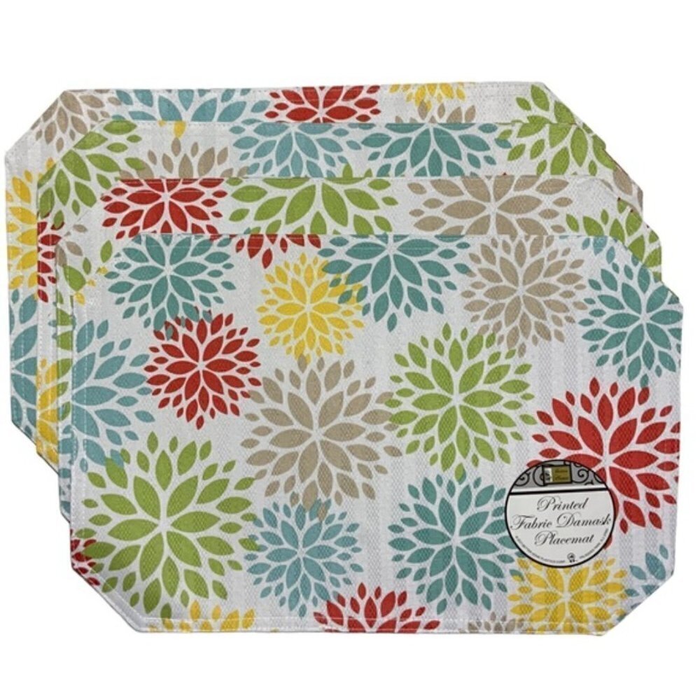 Placemats Printed Fabric Damask Reversible Flower Power 12 X 18 in Set of 4